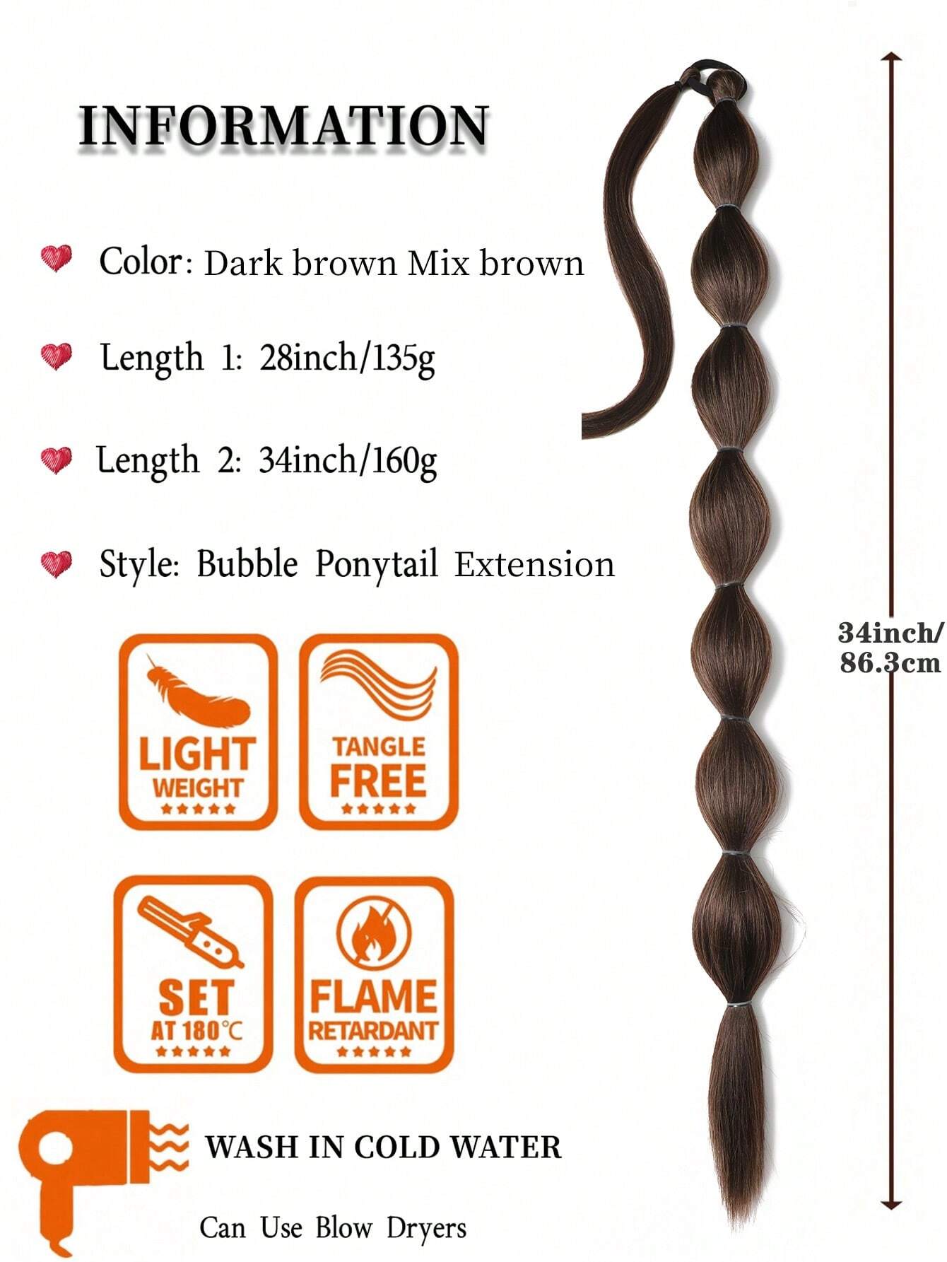 1pc Black Long Bubble Ponytail Extension For Women 28Inch Ponytail