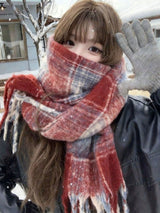 1pc Red Plaid Scarf For Women, Warm Shawl Wrap, Cozy Vibe Scarf