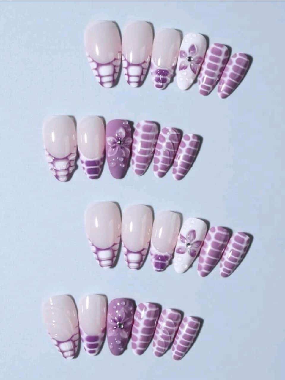24Pcs Long Almond 3D Gel Nails Makes Flower Nails Design French Tip Press On Nails
