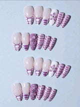 24Pcs Long Almond 3D Gel Nails Makes Flower Nails Design French Tip Press On Nails