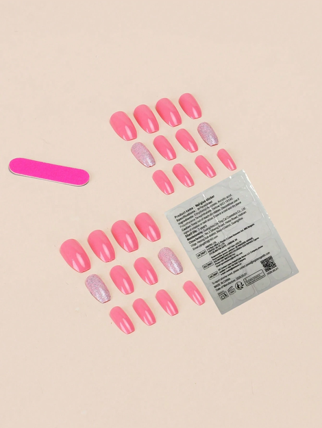 24pcs Rectangular/Pink Full Coverage Sequin Decorated Nail Stickers