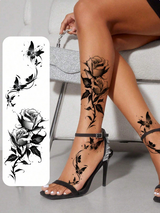 2pcs Black Flower &amp; Butterfly Temporary Tattoo Stickers For Women, Waterproof &amp; Long Lasting Fake Tattoo
