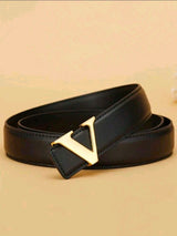 2pcs The Gold Buckle Of The Women's Belt Is In The Form Of The Letter "V" - Adjustable Black And Red Belts