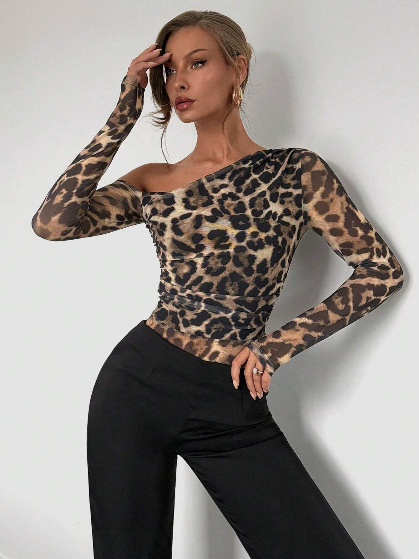 Women's Fashion Leopard Print Mesh Long Sleeve Open Shoulder Bodysuit