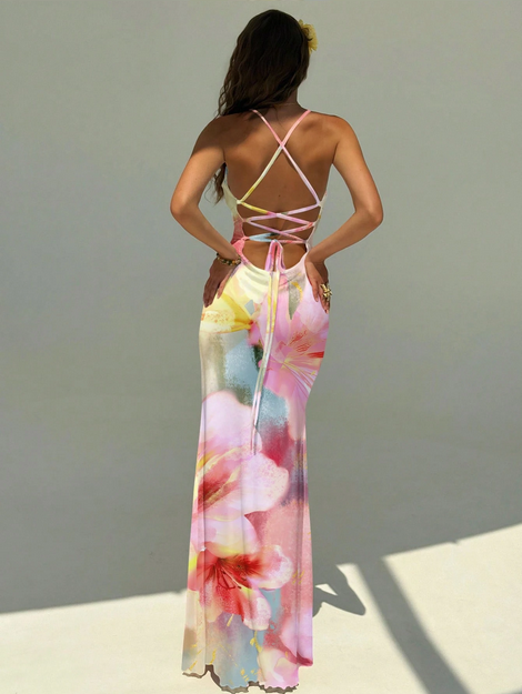 Aloruh Women's Pink Floral Watercolor Ombre Gradient Print Backless Halter Maxi Dress