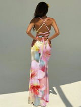 Aloruh Women's Pink Floral Watercolor Ombre Gradient Print Backless Halter Maxi Dress