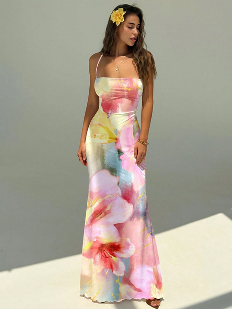 Aloruh Women's Pink Floral Watercolor Ombre Gradient Print Backless Halter Maxi Dress
