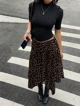 Aloruh Women's Brown Striped Leopard Print Midi Skirt,Asymmetrical High-Low