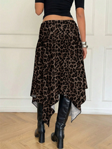 Aloruh Women's Brown Striped Leopard Print Midi Skirt,Asymmetrical High-Low