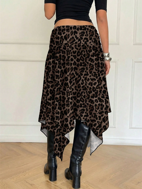 Aloruh Women's Brown Striped Leopard Print Midi Skirt,Asymmetrical High-Low