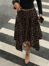 Aloruh Women's Brown Striped Leopard Print Midi Skirt,Asymmetrical High-Low