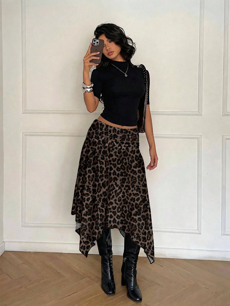 Aloruh Women's Brown Striped Leopard Print Midi Skirt,Asymmetrical High-Low