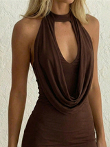 Aloruh Women's Dark Brown Mesh Draped Neck Asymmetric Sleeveless Bodycon Mini Dress
