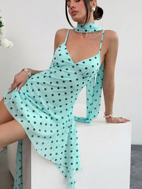 Aloruh Women's Polka Dot Print Spaghetti Strap Mini Dress,Summer Dresses For Women