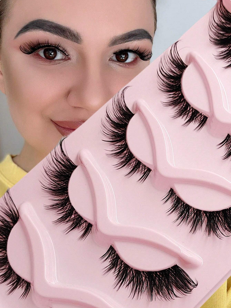 Asiteo 5 Pairs Cat Eye False Eyelashes, Transparent Band, Natural & Fluffy, Fox Eye Fake Lashes