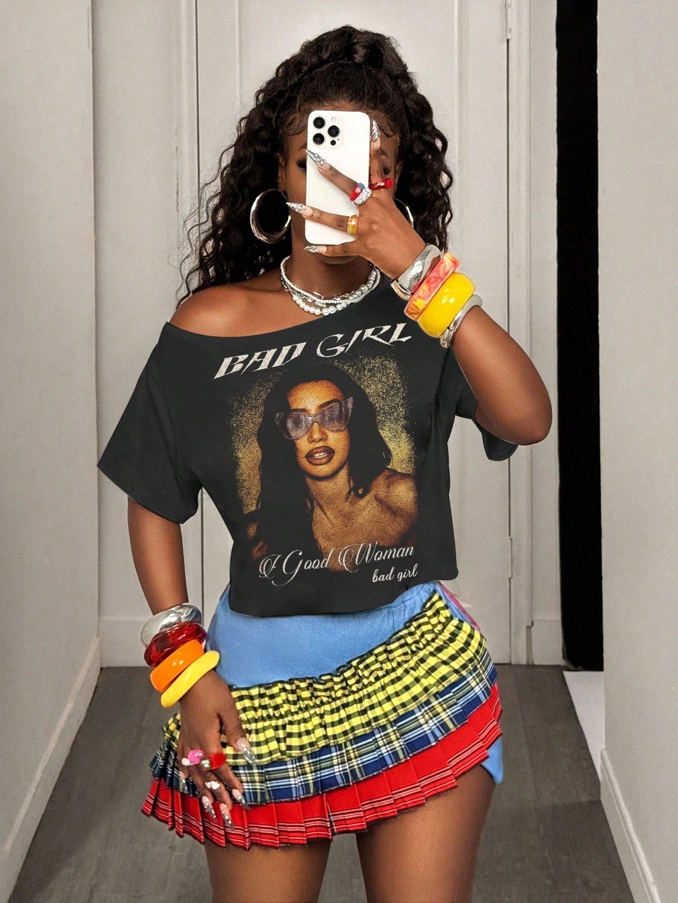 BamGleam Streetwear Women's Casual Asymmetric Neckline Letter &amp; Number Print Short T-Shirt
