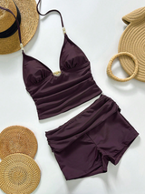 Bonvoyette 2pcs Women's Dark Beige Tankini Beachwear,Summer Casual Holiday Vacation Holiday