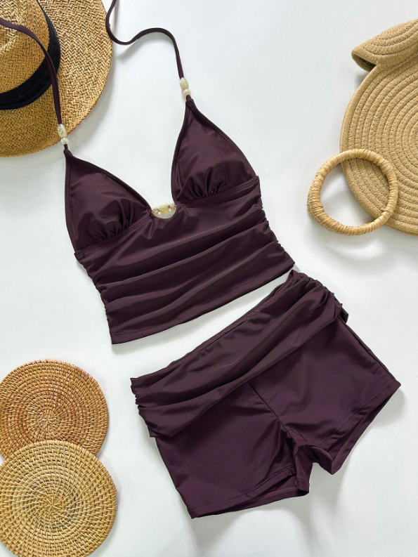 Bonvoyette 2pcs Women's Dark Beige Tankini Beachwear,Summer Casual Holiday Vacation Holiday