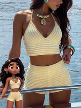 Bonvoyette Knit Fabric Halter V-Neck Top And Side Tie Bottom, Elegant Resort Style Women Swimwear Set