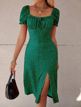 Breezaya Polka Dot Puff Sleeve Tie Front Ruched Bust Slit Hem Dress Maxi