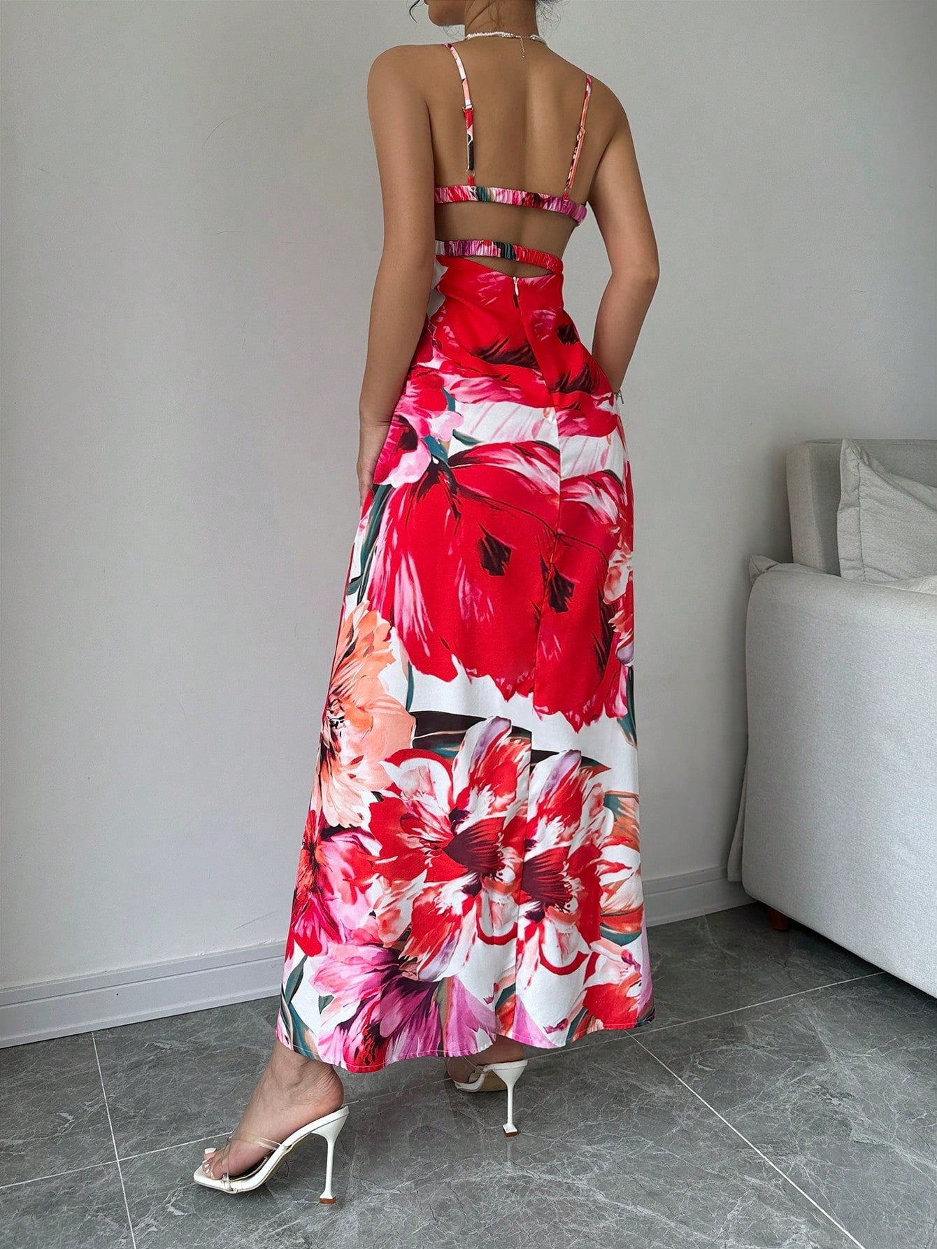 Calvaya Flower Print Slim Fit Spaghetti Strap Dress