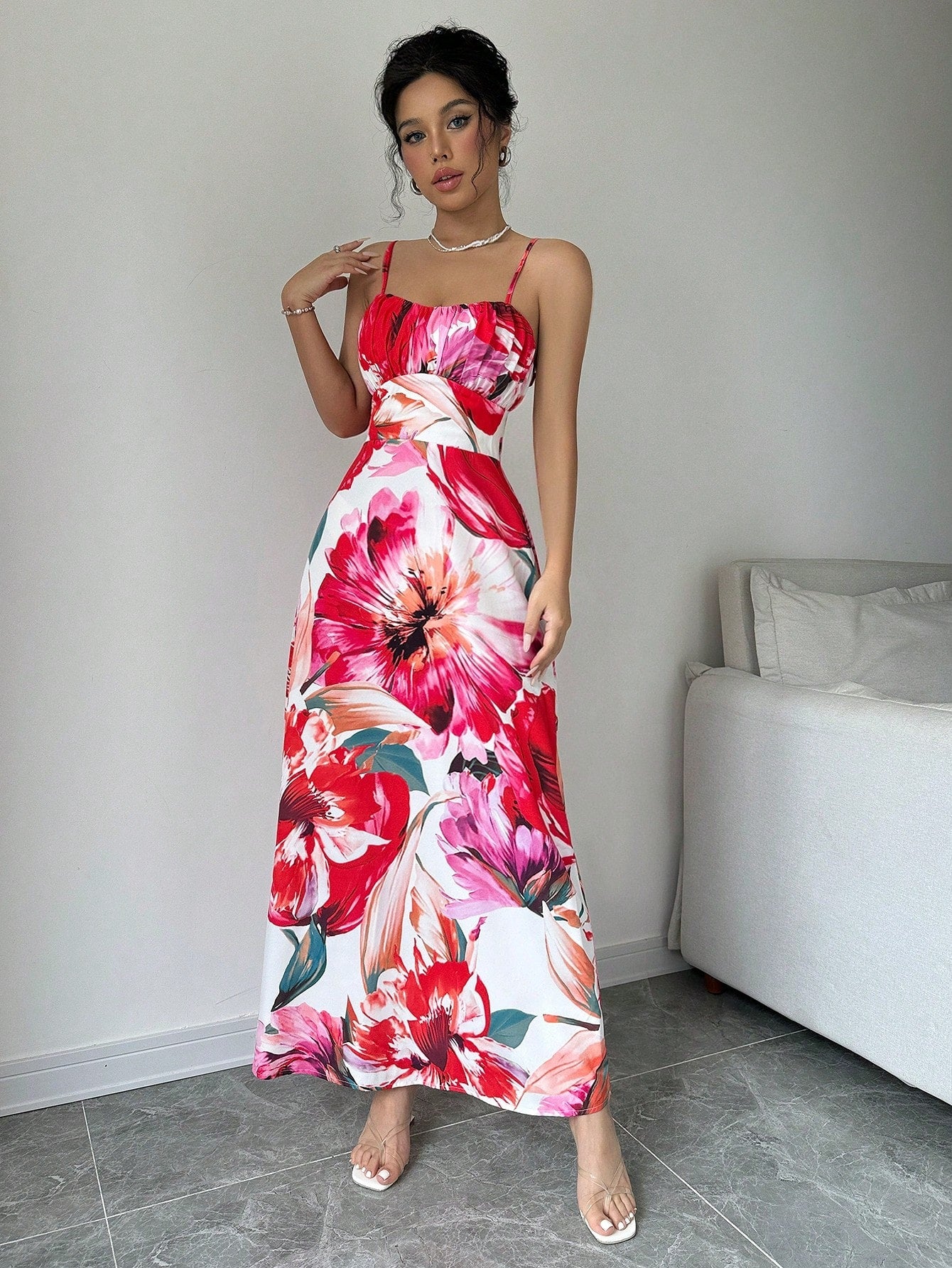 Calvaya Flower Print Slim Fit Spaghetti Strap Dress
