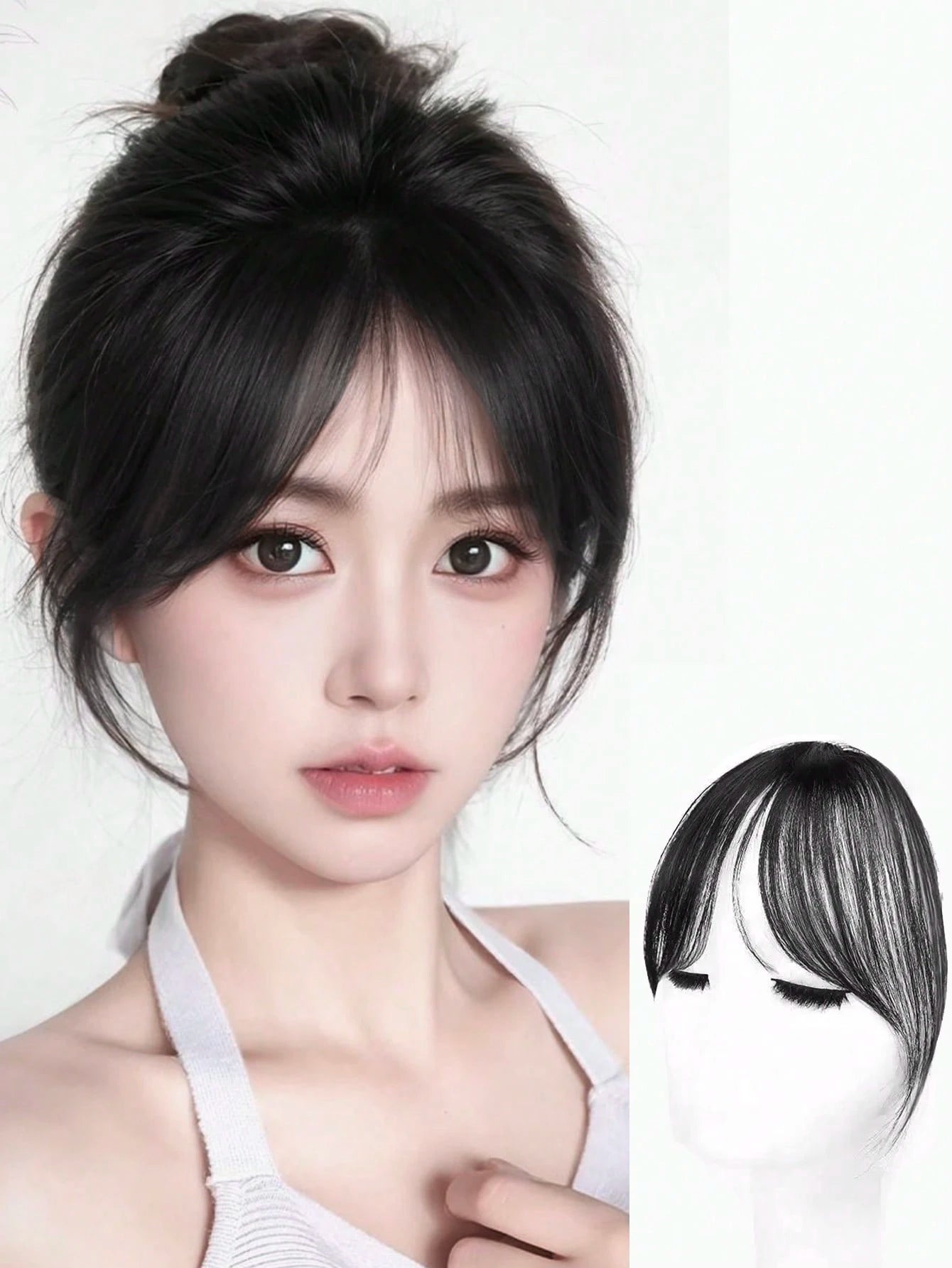 Center Part Bangs Synthetic Wig With Fringe, Simple Basic Style Brown and Black