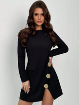 New Elegant Minimalist Commute Black Round Neck Cinched Waist Slit Metal Buckle Decor Long Sleeve Mini Dress