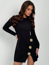 New Elegant Minimalist Commute Black Round Neck Cinched Waist Slit Metal Buckle Decor Long Sleeve Mini Dress