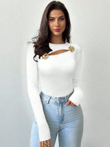 Firerie Women's Elegant Delicate Fashion Hollow Rose Metal Decor Tight Fit Long Sleeve Black T-Shirt