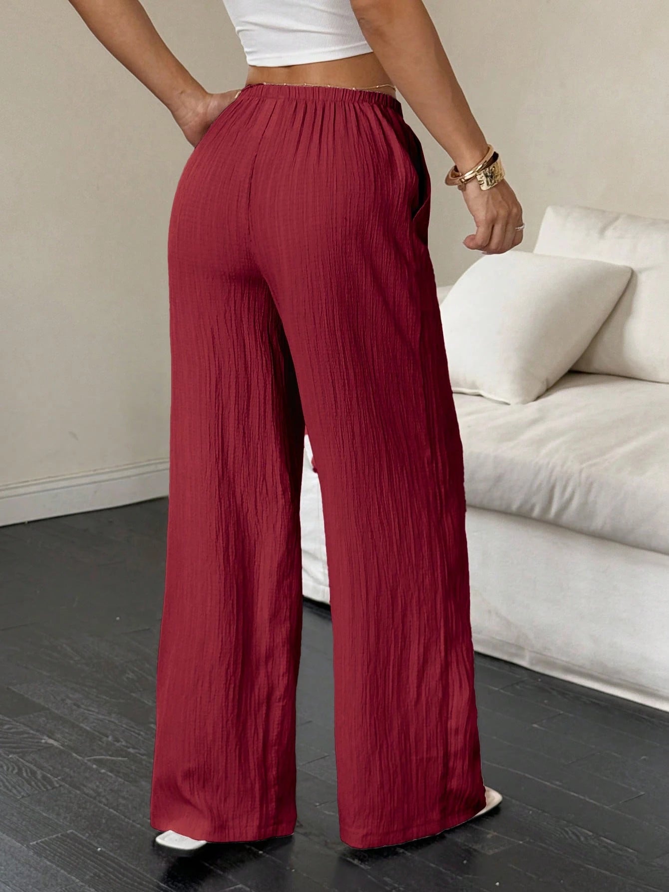 Flirla Women's Casual Solid Color Textured Fabric Knotted Waist Slant Pocket Wide Leg Pants Fall Cloth