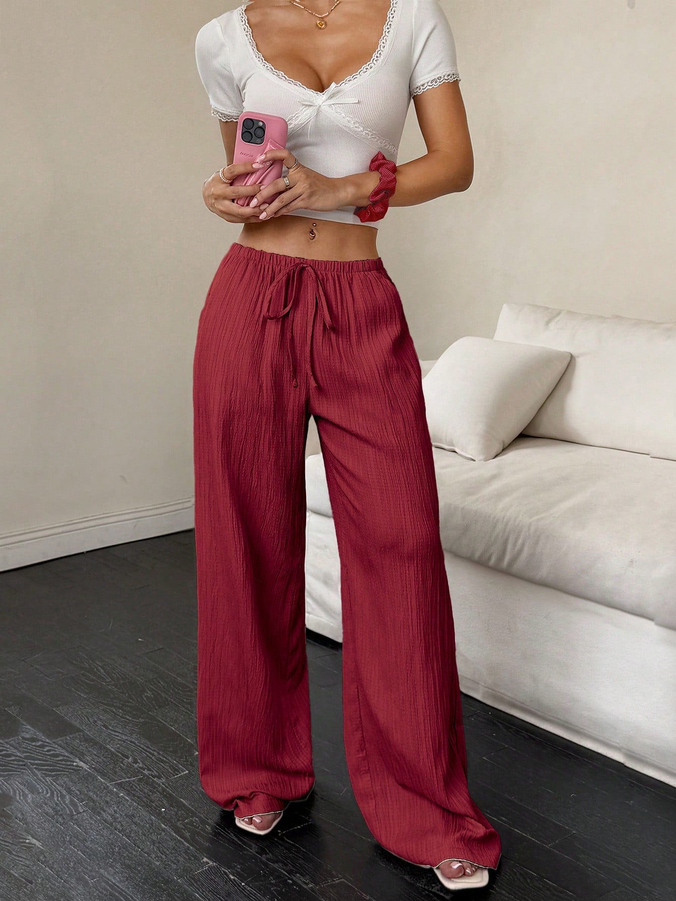 Flirla Women's Casual Solid Color Textured Fabric Knotted Waist Slant Pocket Wide Leg Pants Fall Cloth