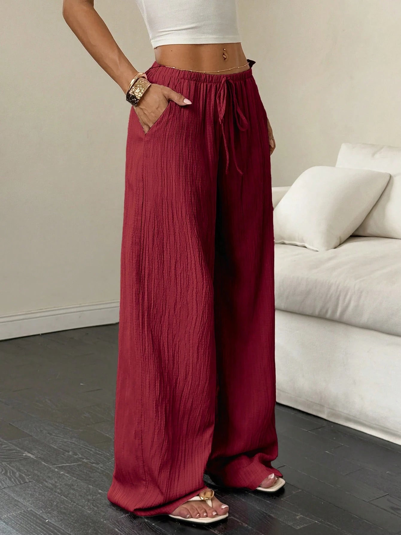 Flirla Women's Casual Solid Color Textured Fabric Knotted Waist Slant Pocket Wide Leg Pants Fall Cloth