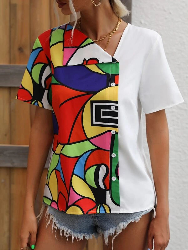 Geo Print Button Front Blouse