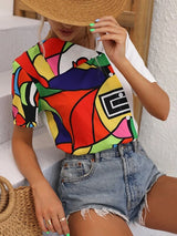 Geo Print Button Front Blouse