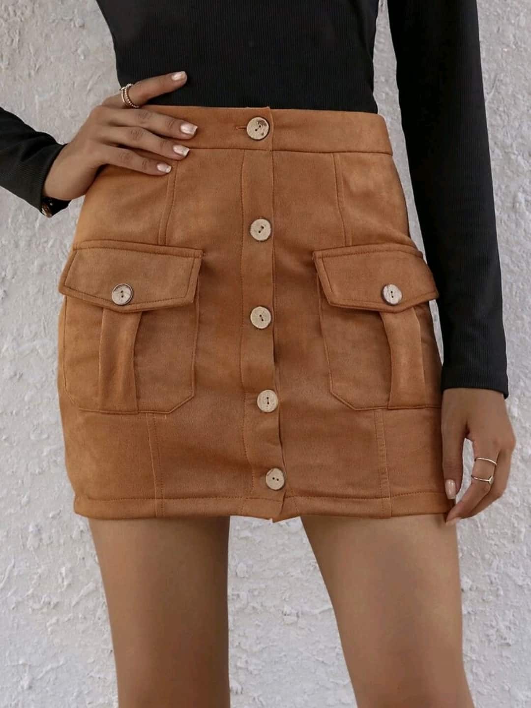Flap Pocket Button Front Suede Skirt