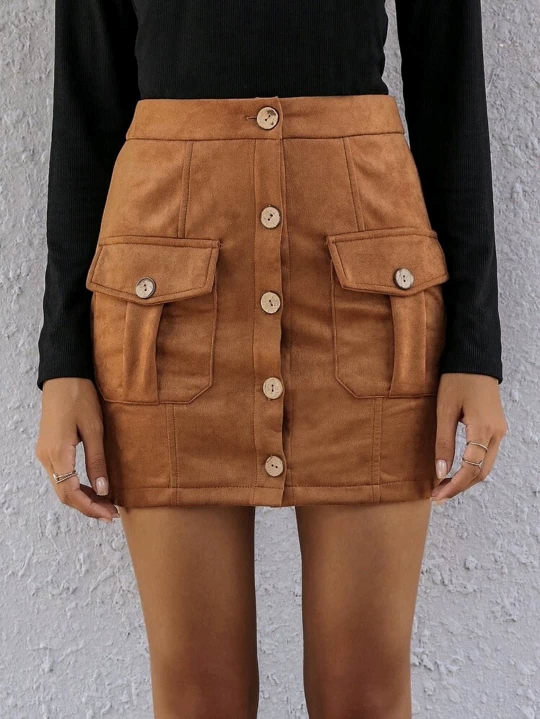 Flap Pocket Button Front Suede Skirt