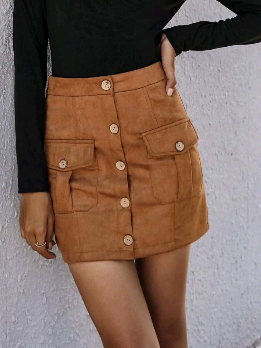 Flap Pocket Button Front Suede Skirt