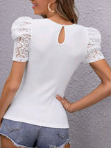 SHEIN Guipure Lace Yoke Puff Sleeve Top
