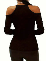 INAWLY Ladies' Solid Color Open Shoulder Long Sleeve Casual T-Shirt