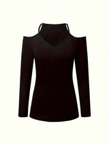 INAWLY Ladies' Solid Color Open Shoulder Long Sleeve Casual T-Shirt