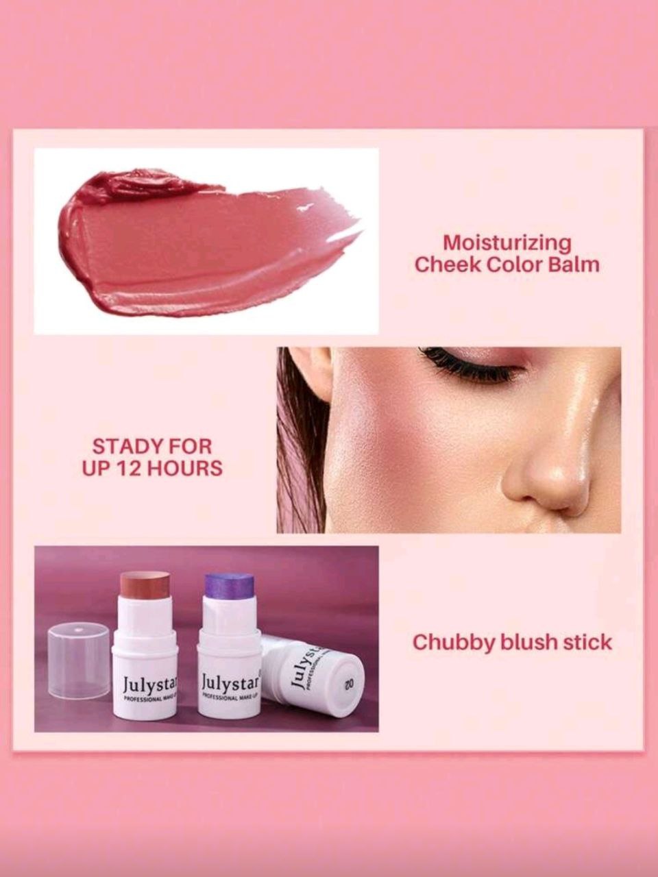 Julystar Professional Makeup Blush Stick, Long-wearing Highly Pigmented Cream Blus