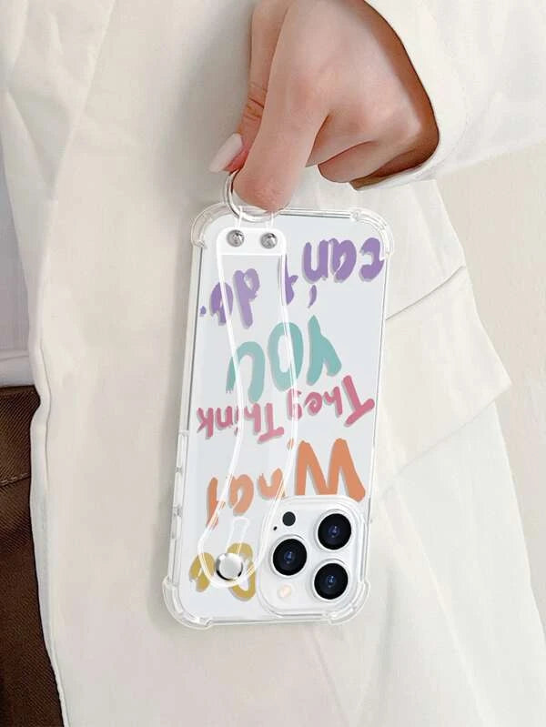Letter Graphic Clear Phone Case With Push Pull Hand Holder