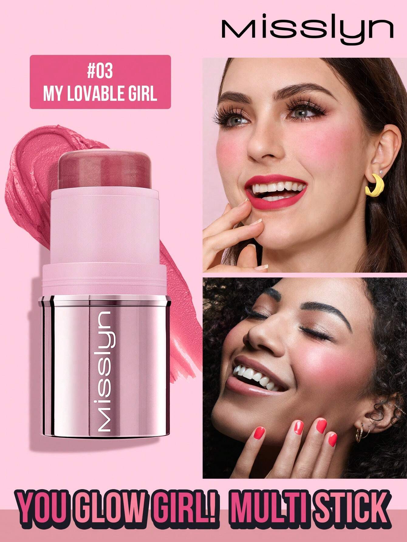 MissIyn You Glow Girl! Multi Stick, Cream Multi Stick, Richly Pigmented Infused With Formula With Shea Butter&amp;Sunflower Seed Wax, Lightweight Formula, Refreshing Moisture Boost Blush Stick 03