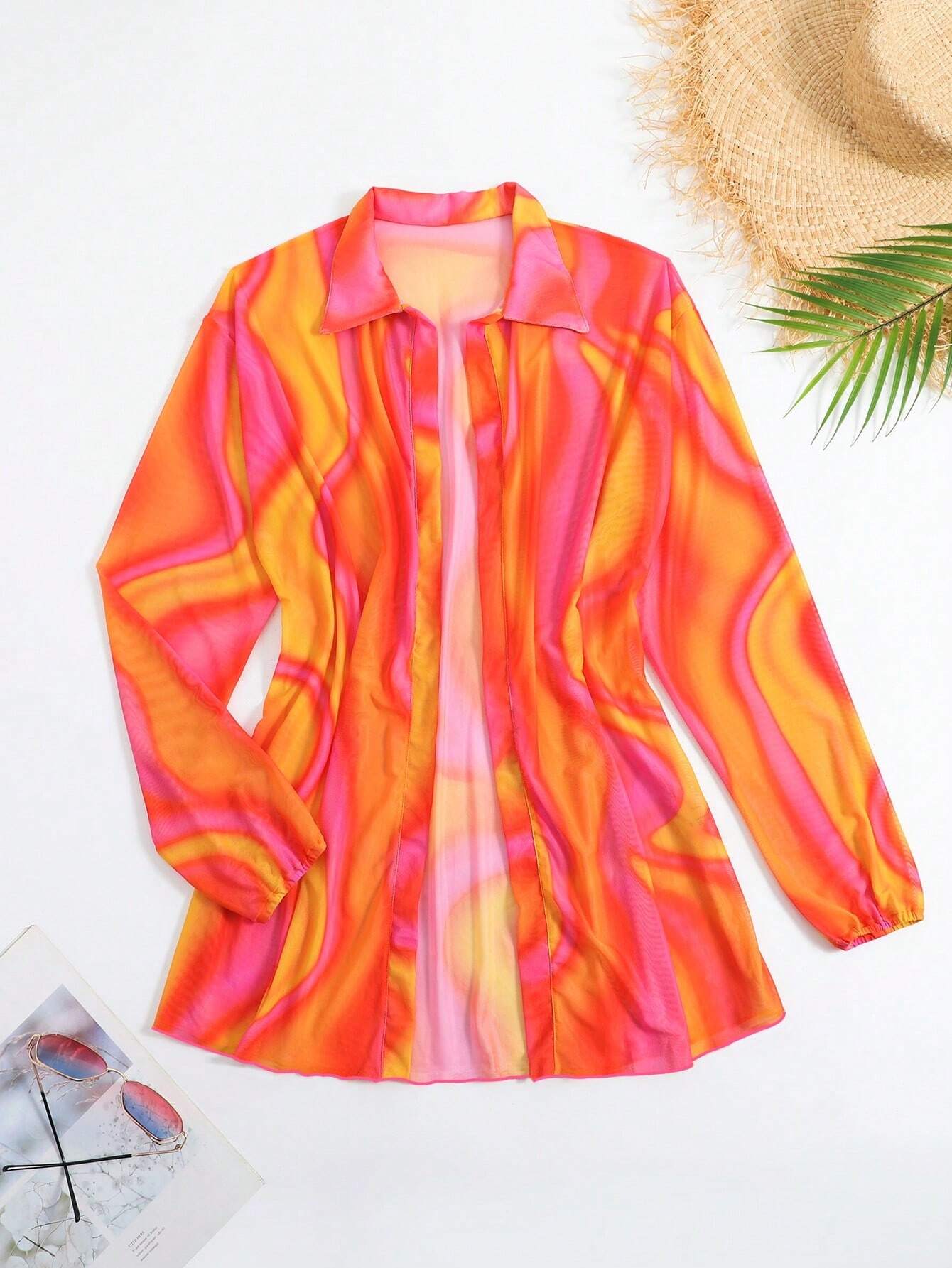 New Summer Beach Cover Up Sheer Mesh Printed Sunscreen Shirt Long Sleeve Beach