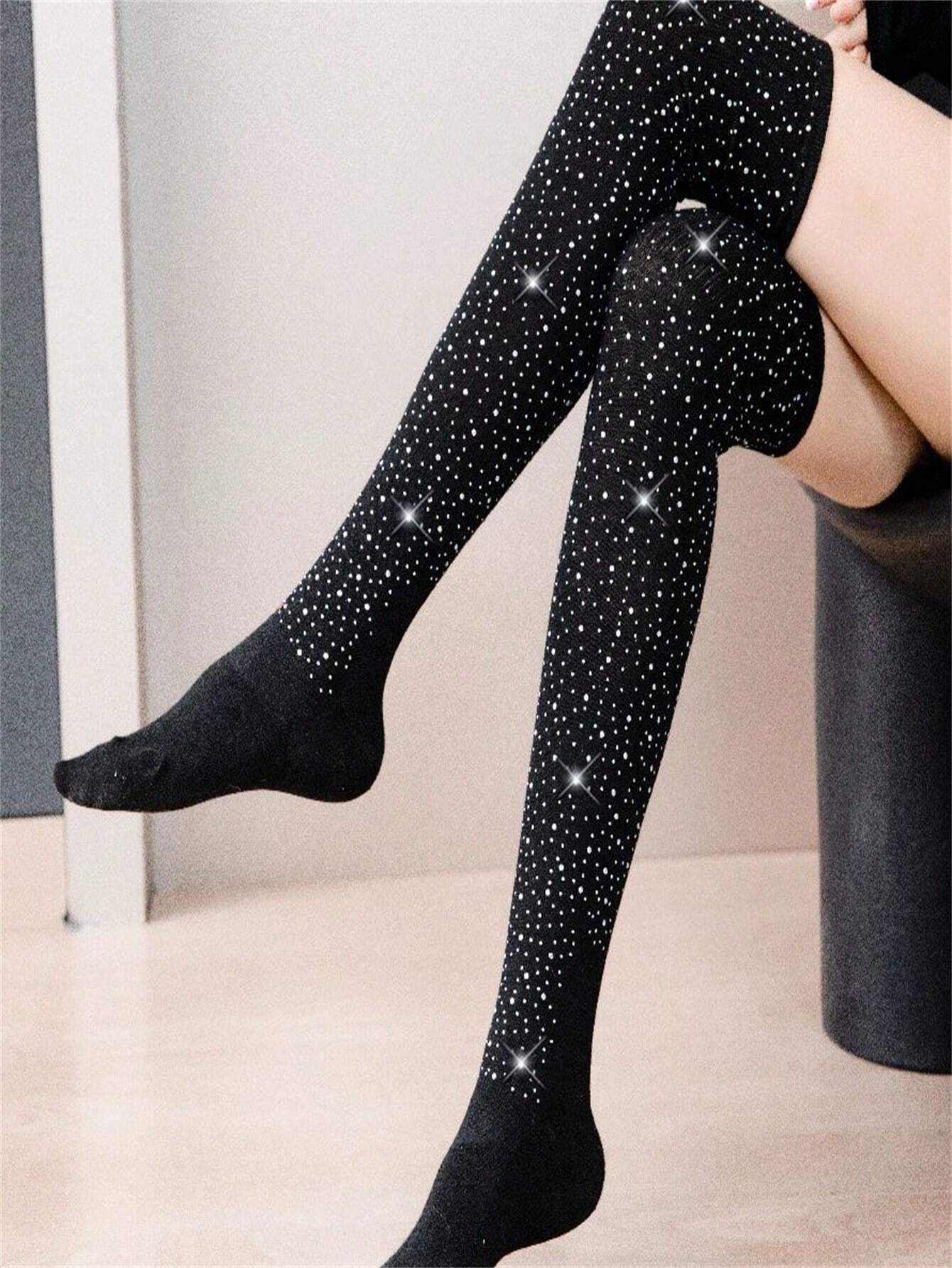 Oversized Black Embellished Knee-High Socks With Shiny Rhinestones