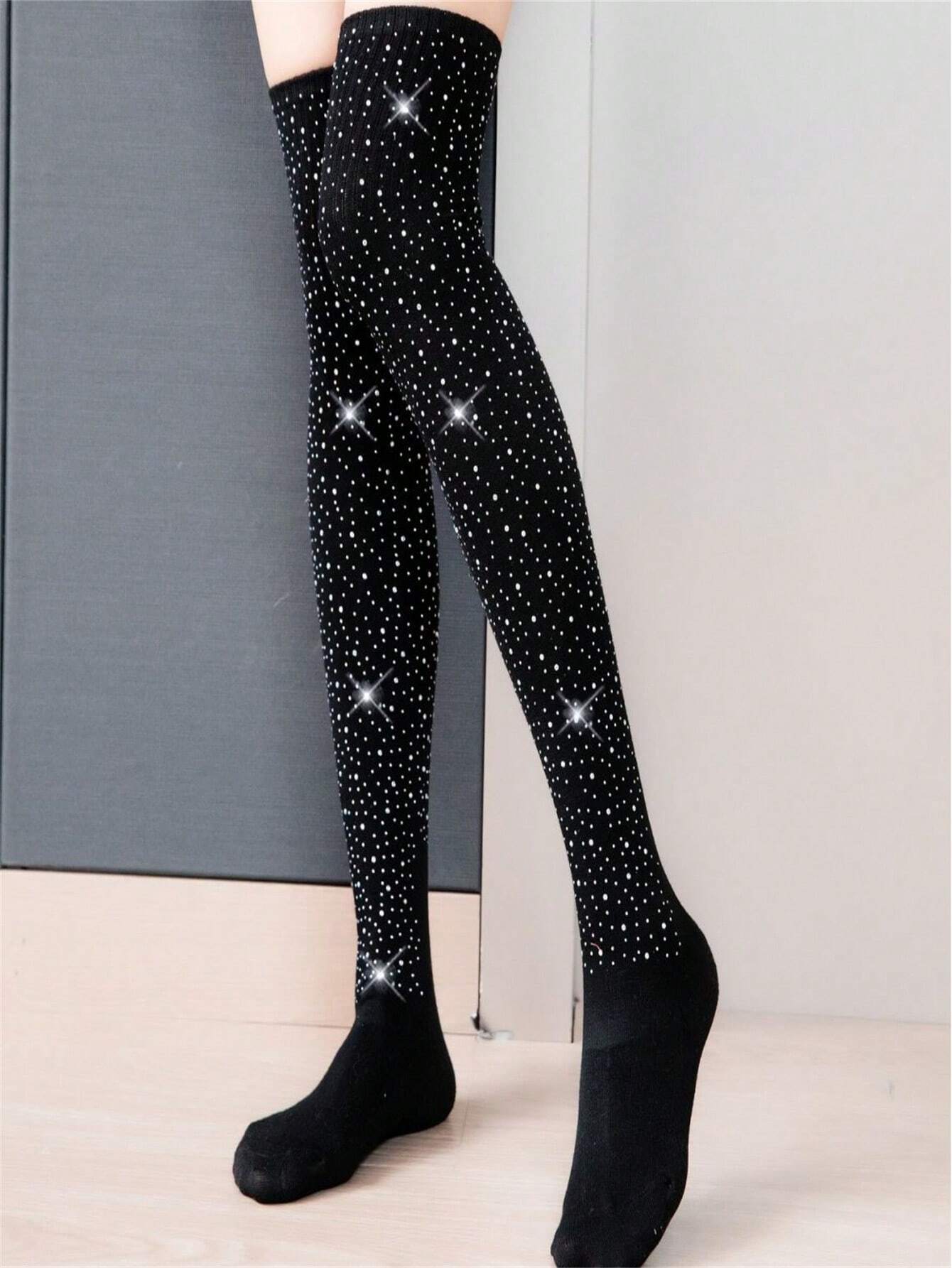 Oversized Black Embellished Knee-High Socks With Shiny Rhinestones