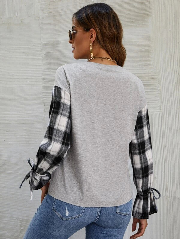 Plaid Print Knotted Cuff Flounce Sleeve Tee