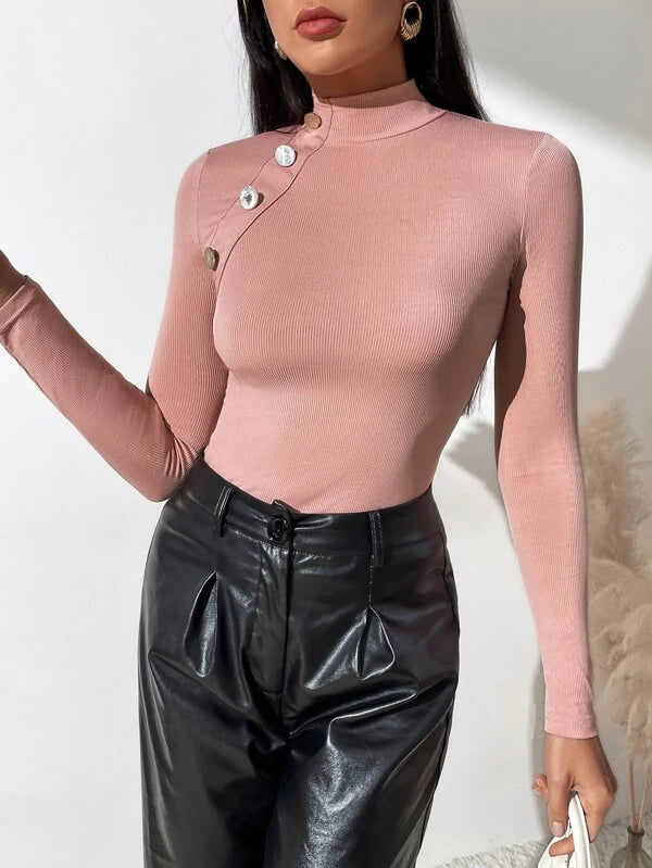Ribbed Knit Button Front High Neck Tee