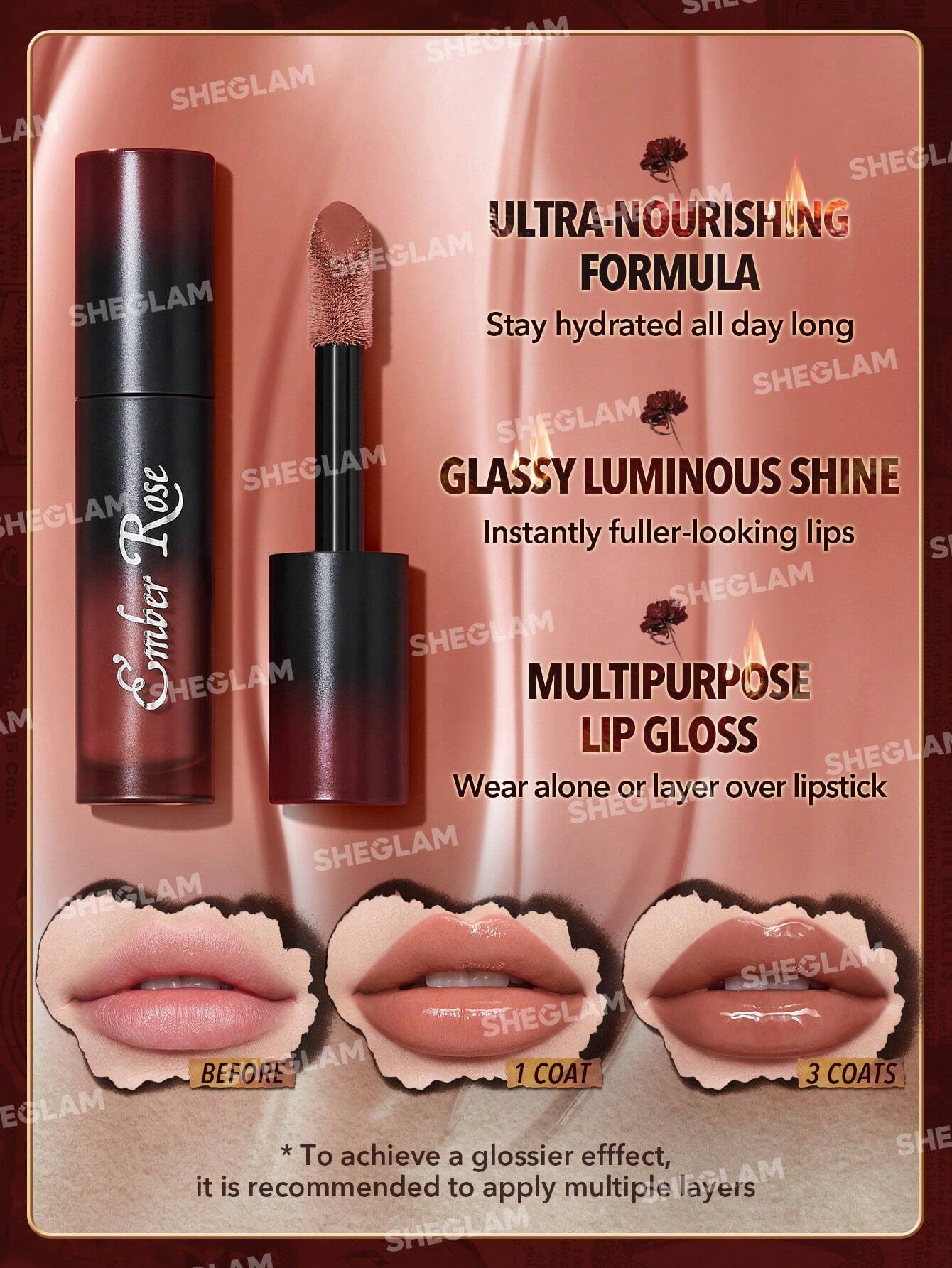 SHEGLAM Ember Rose Immortal Love Nourishing Lip Gloss-Amor Nude Liquid Lipstick High Shine Finish